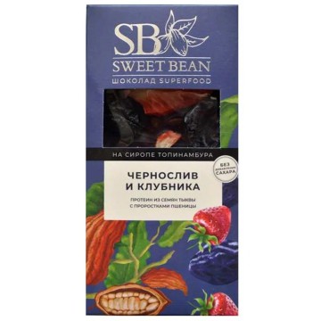 Sweet Bean, Шоколад темный без сахара «Premium» (на сиропе топинамбура), с черносливом и клубникой, 2×45 г